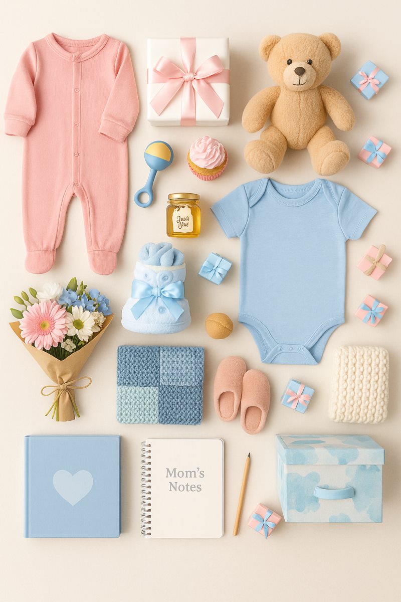 Real Gender Reveal Party Gifts β baby clothes, plush teddy bear, gift boxes, and cute accessories