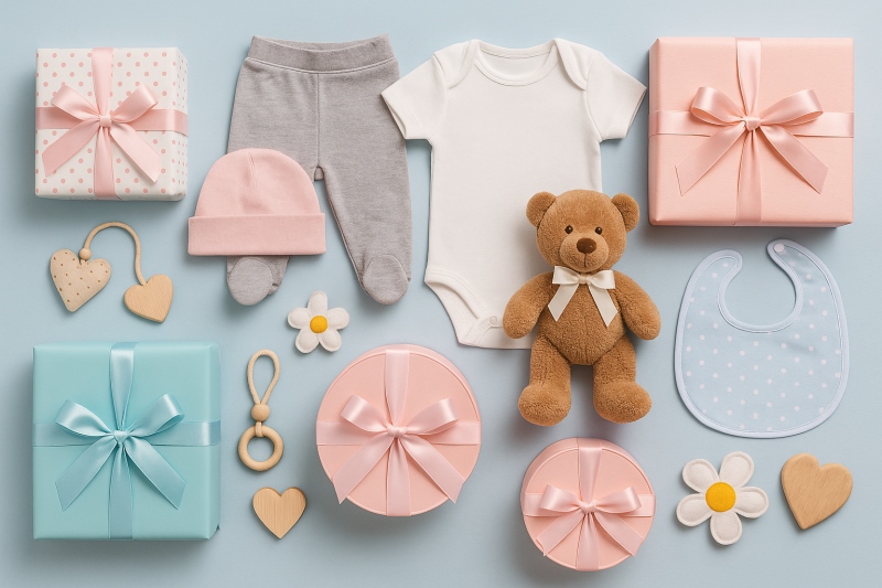 Gender Reveal Party Gifts β with gift boxes, baby clothes, and a plush teddy bear