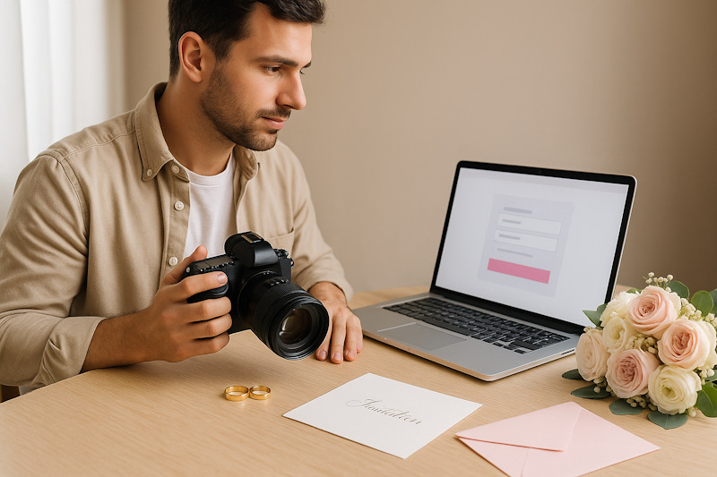 Фотограф с камерой и ноутбуком, на столе свадебные атрибуты — пример кейса регистрации на Planning.how